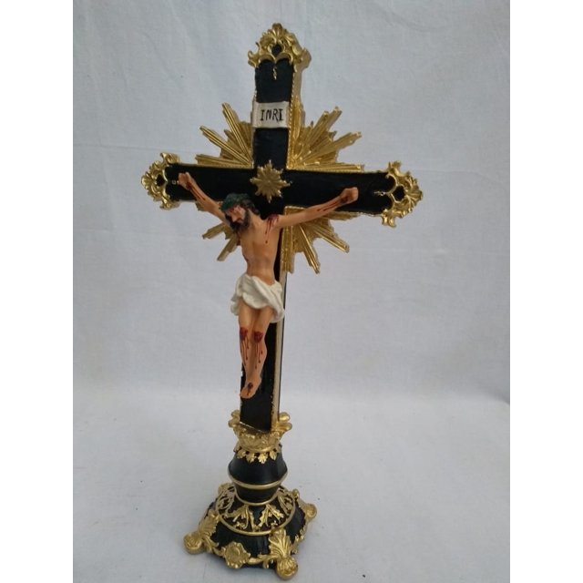 Crucifixo de Mesa Ornado - Cruz 40cm Cristo 15cm em Resina