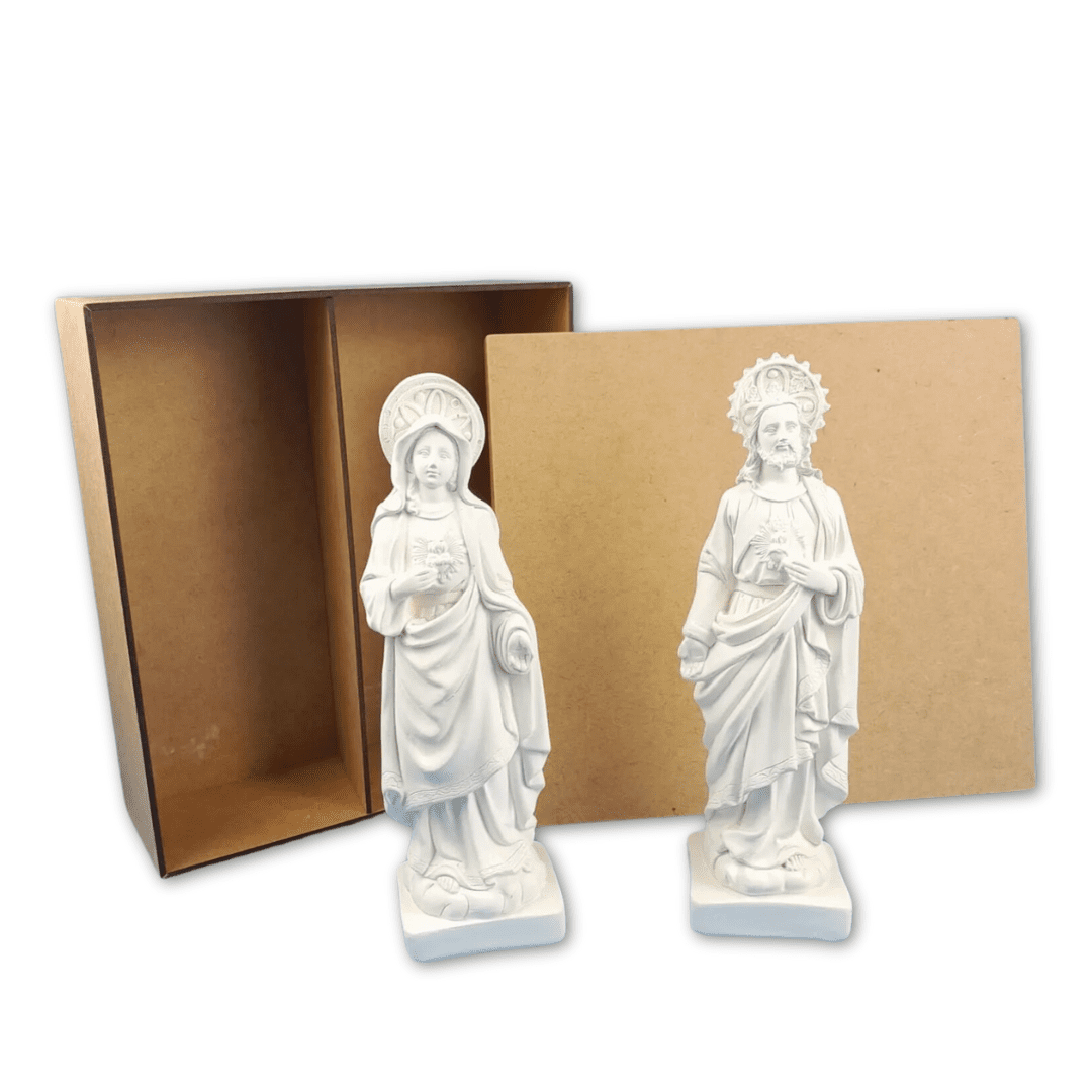 Kit Sagrado Coração de Maria e Jesus 23cm + Caixa em MDF