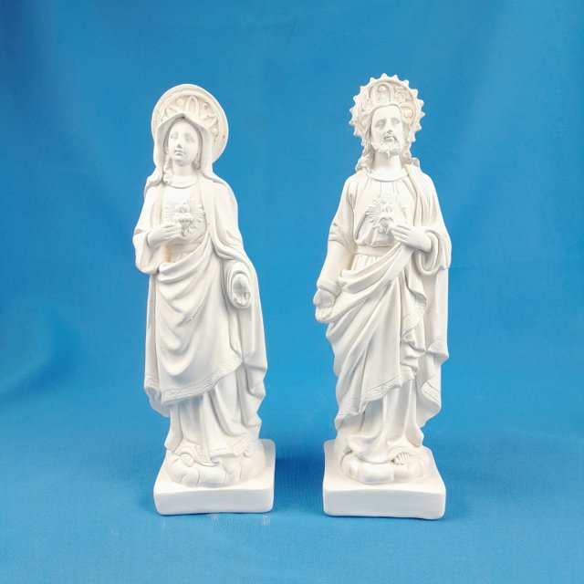 Kit Sagrado Coração de Maria e Jesus 23cm + Caixa em MDF