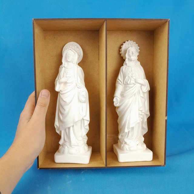 Kit Sagrado Coração de Maria e Jesus 23cm + Caixa em MDF