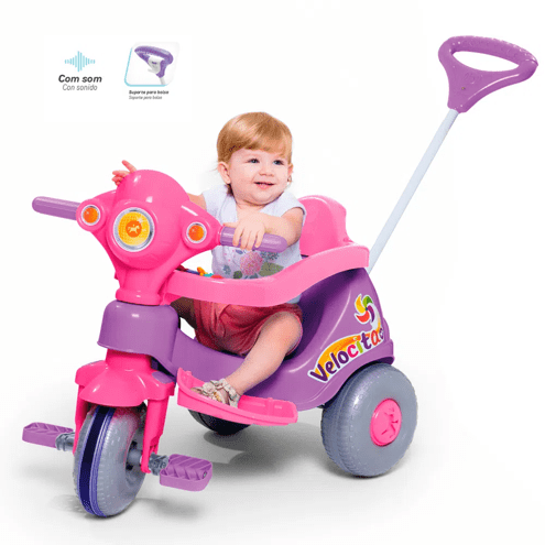 Triciclo de Passeio e Pedal para Bebe Calesita Moto Uno Rosa