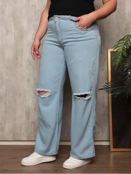 Calça Jeans Plus Size Feminina Wide Leg Clara Lavada Rasgada