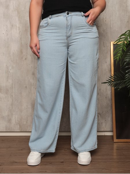 Calça Jeans Plus Size Feminina Wide Leg Clara Lavada com Sem