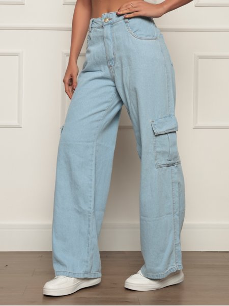 Calça Jeans Cargo Feminina Wide Leg Claro Cintura Alto com Sem Elastano  Ref: 0046