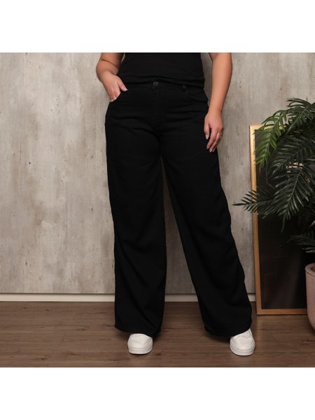 Calça Jeans Plus Size Feminina Wide Leg Preta com Sem Elastano