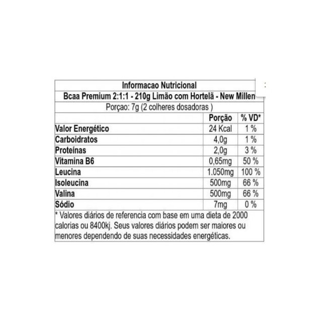 BCAA 2:1:1 PREMIUM 210G NEW MILLEN LIMAO C/HORTELA