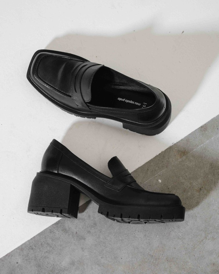 Mocassim Couro Salto Square Meu Sapato Preto Meu Sapato Preto