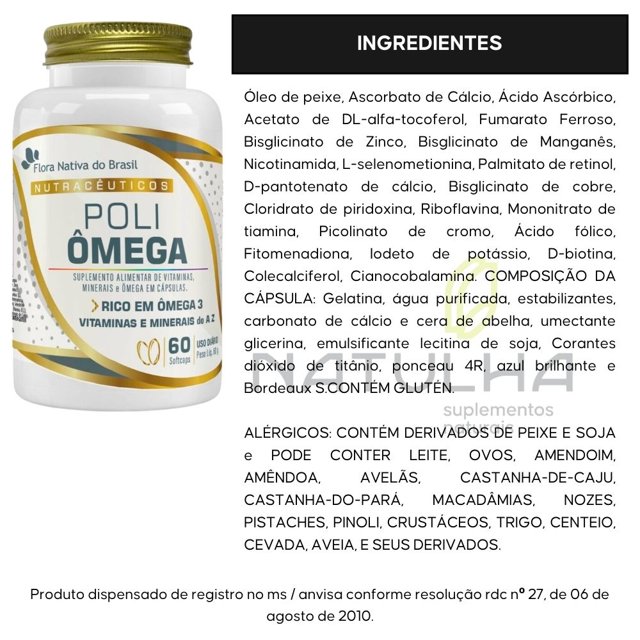 KIT 2X Poli Ômega (Ômega 3 com Vitaminas) 1400 mg 60 cápsulas - Flora