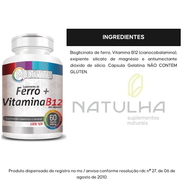 KIT 3X Ferro + Vitamina B12 (Cianocobalamina) 100% IDR - Multivita