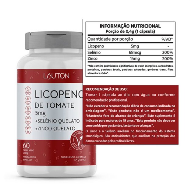 Licopeno de Tomate + Selênio + Zinco 60 Cápsulas - Lauton Nutrition