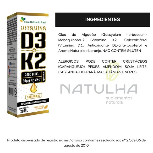 Vitamina D3 + k2 Sublingual em Gotas 20ml - Flora nativa