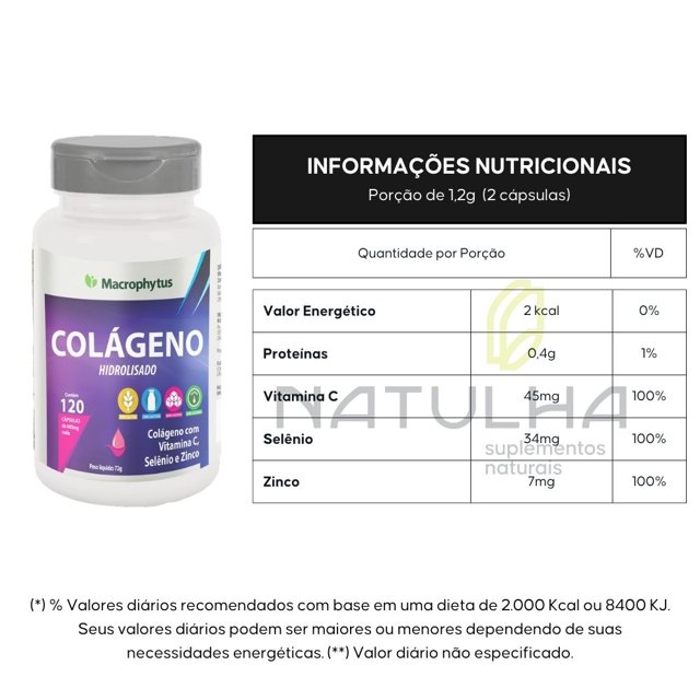 Colágeno Hidrolisado + Vitamina C, Zinco e Selênio 1200mg 120 cápsulas - Macrophytus