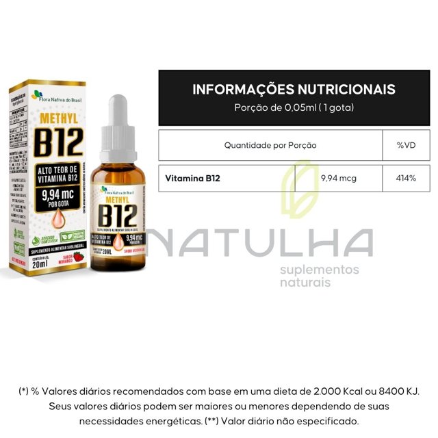KIT 3X Vitamina B12 Sublingual (Metilcobalamina)  9,94 mcg por gota 20ml - Flora Nativa