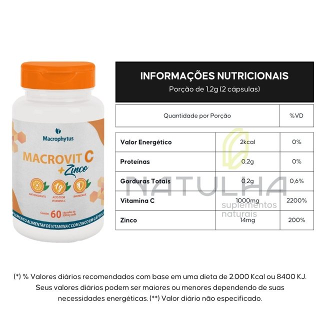 Vitamina C 1000mg + Zinco 14mg 60 Cápsulas - Macrophytus