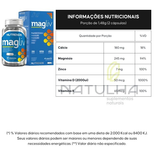 MagLiv ( Magnésio Dimalato, Vitamina D3, K2, Cálcio e Zinco) 60 Cápsulas - Nutrends