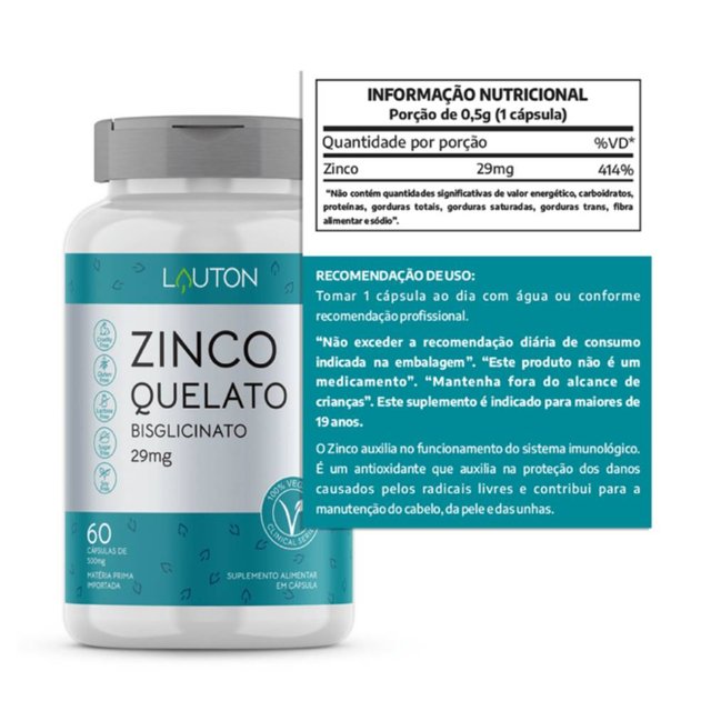 Zinco Quelato 60 Cápsulas - Lauton Nutrition