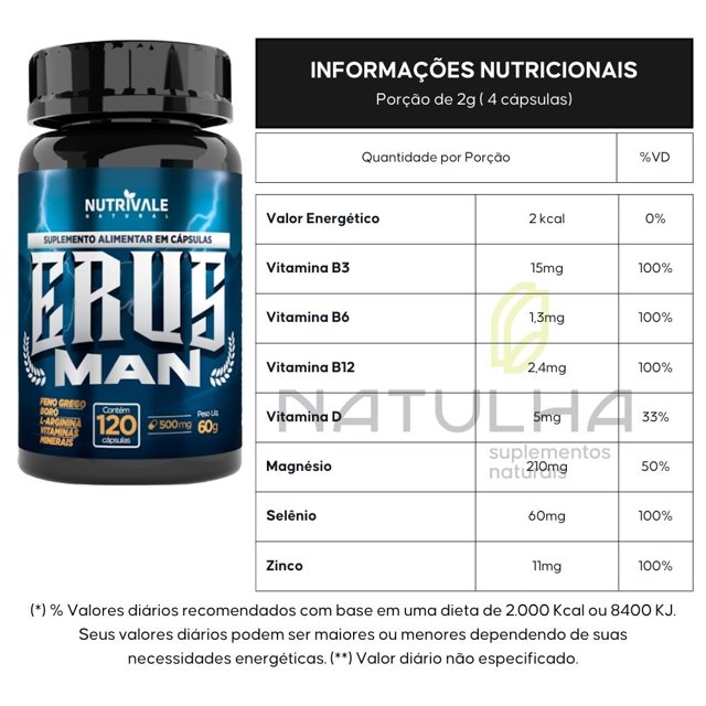 ERUS MAN ( Feno Grego, Boro, Arginina e Vitaminas) 120 cápsulas - Nutrivale