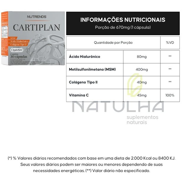 Cartiplan Colágeno Tipo II + Ácido Hialurônico - 30 Cápsulas - Nutrends