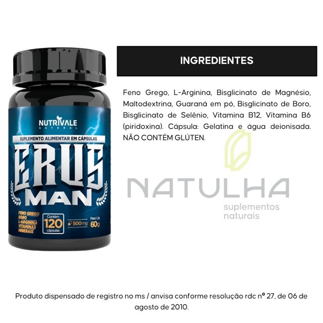 ERUS MAN ( Feno Grego, Boro, Arginina e Vitaminas) 120 cápsulas - Nutrivale