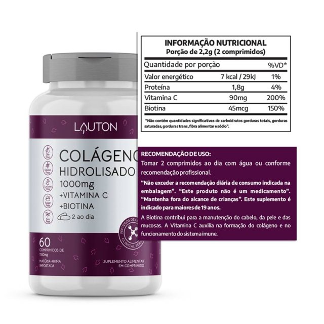 Colágeno Hidrolisado com Vitamina C e Biotina 60 comprimidos - Lauton Nurition