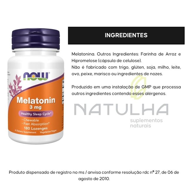 Melatonina 3mg - 180 pastilhas - Now Foods
