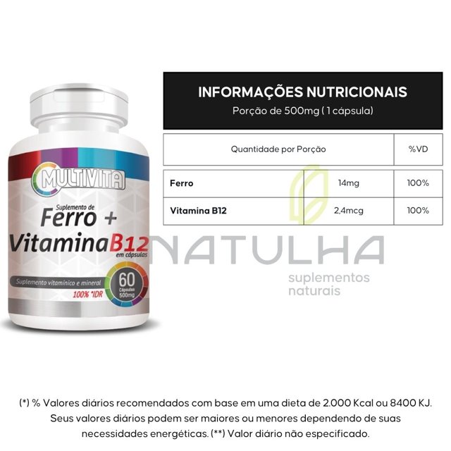 Ferro + Vitamina B12 (Cianocobalamina) 100% IDR - Multivita