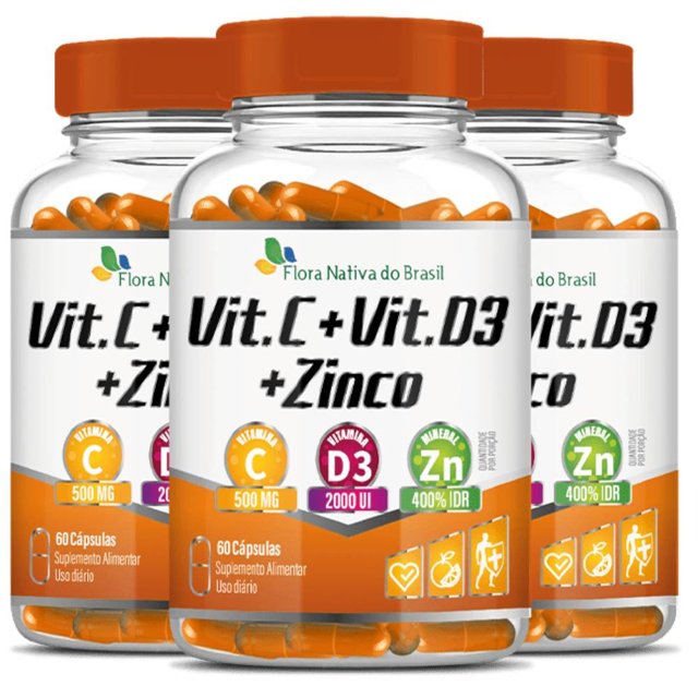 KIT 3X Vitamina C + D3 + Zinco 60 Cápsulas - Flora Nativa | Natulha