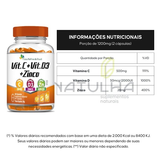 Vitamina C + D3 + Zinco 60 cápsulas - Flora Nativa