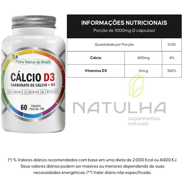 KIT 2X Cálcio D3 (Carbonato de Cálcio + Vitamina D3) 60 cápsulas - Flora Nativa