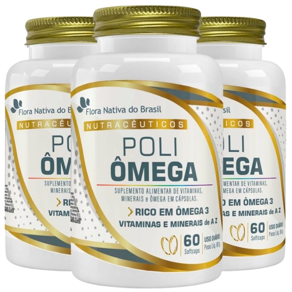 KIT 3X Poli mega mega 3 com Vitaminas 1400 mg 60 c psulas Flora Nativa