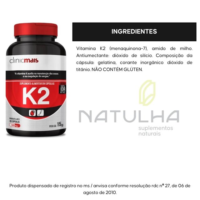 Vitamina K2 (Menaquinona-7) 30 cápsulas - Clincimais