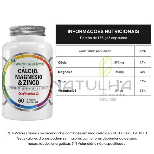 KIT 3X Cálcio, Magnésio, Zinco e Vitamina D3 60 Cápsulas - Flora Nativa 