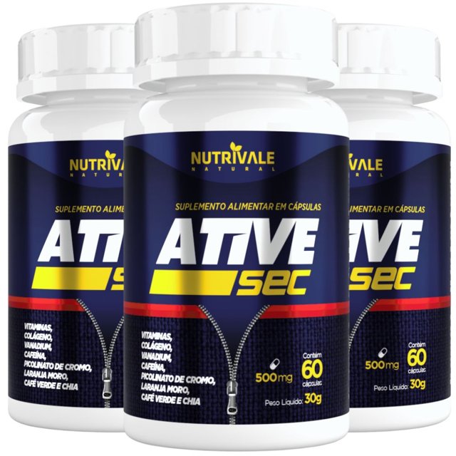 KIT 3X ATIVE-SEC (Laranja Moro, Chia, Café Verde e Vitaminas) 60 cápsulas - Nutrivale