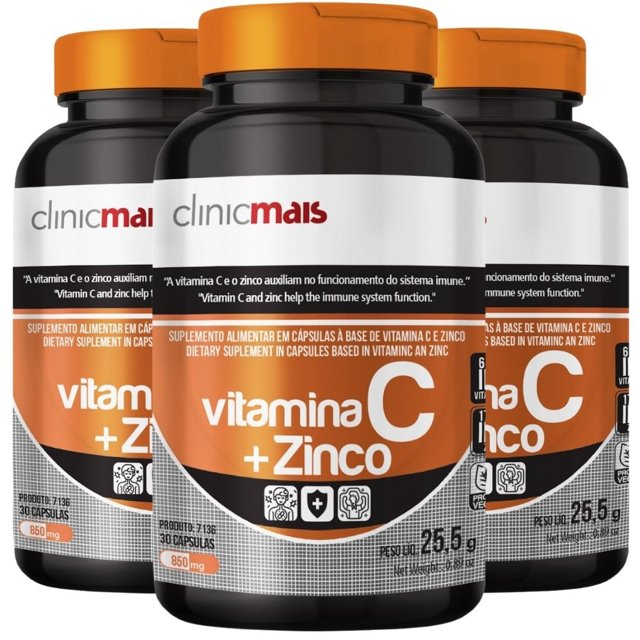 KIT 3X Vitamina C + Zinco 30 cápsulas - Clinicmais