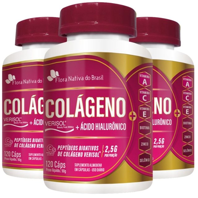 KIT 3X Colágeno Verisol com Ácido Hialurônico 120 cápsulas - Flora ...
