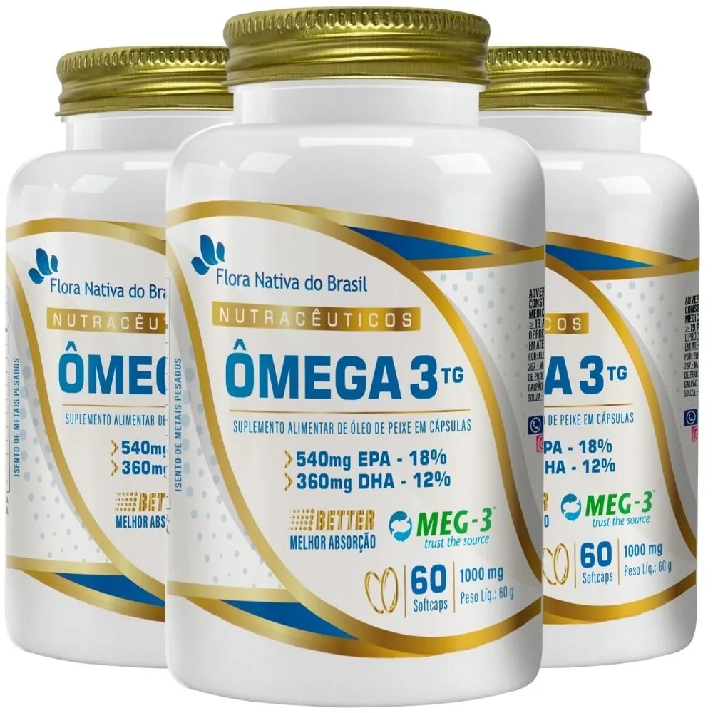 KIT 3X Ômega 3 TG MEG-3 1000mg 60 Softcaps - Flora Nativa | Natulha