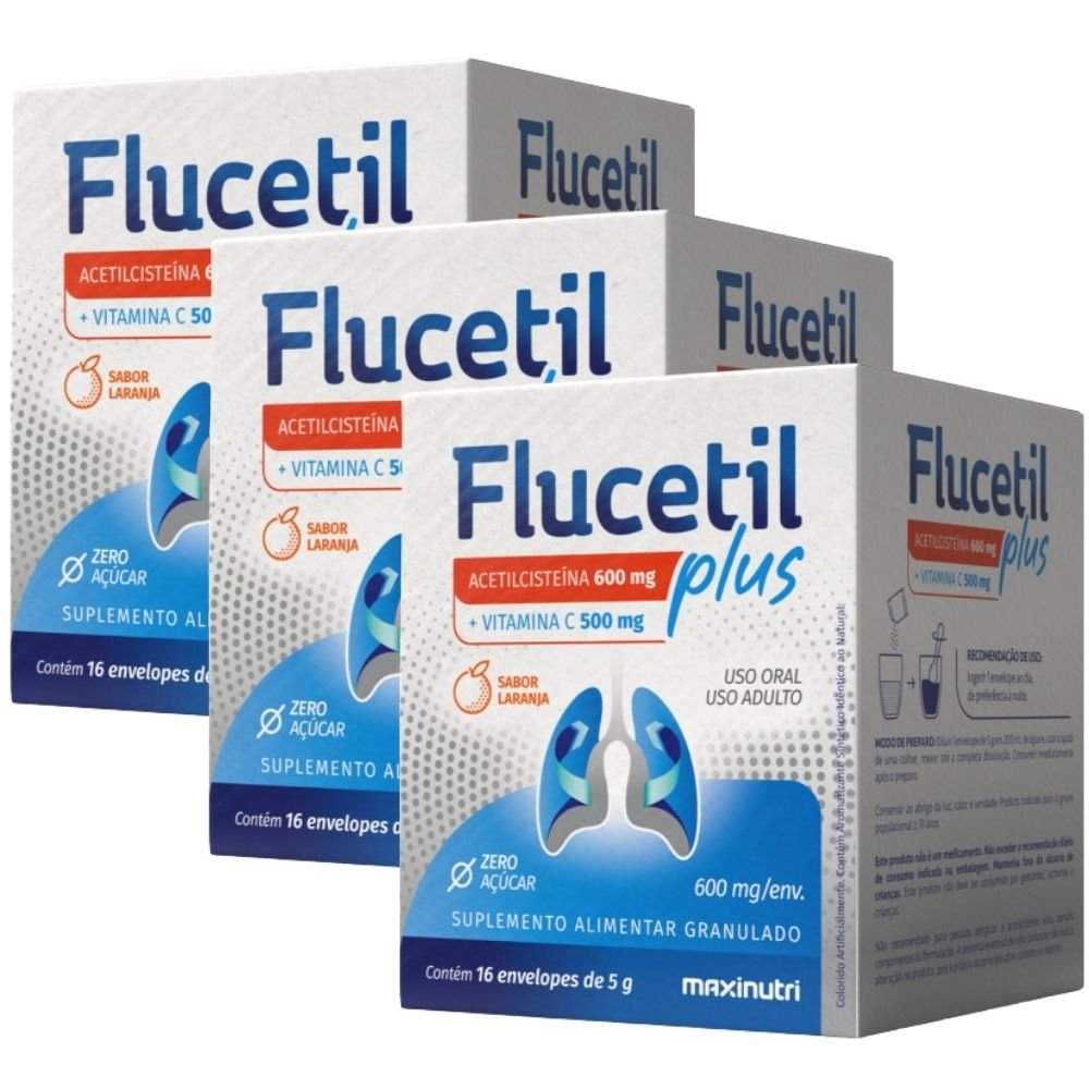 KIT 3X Flucetil PLUS (Acetilcisteína + Vitamina C) 16 sachês - Maxinutr ...