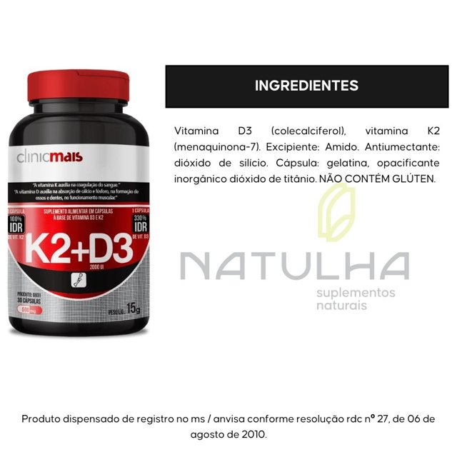 KIT 5x Vitamina k2 + Vitamina D3 30 cápsulas - Clinicmais