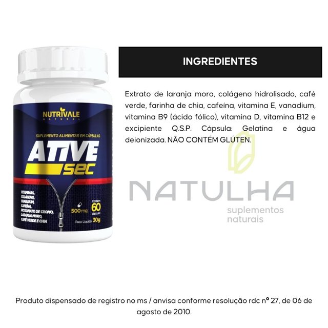 KIT 2X ATIVE-SEC (Laranja Moro, Chia, Café Verde e Vitaminas) 60 cápsulas - Nutrivale