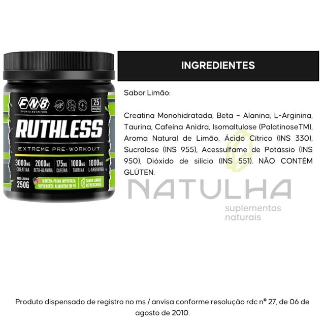Ruthless Pré Treino (Creatina + Cafeína + Beta Alanina + L-Arginina + Taurina) 250g - FNB Sports