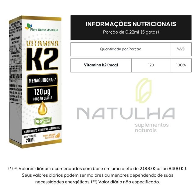 Vitamina K2 em gotas (Menaquinona-7) 120mcg 20ml - Flora Nativa