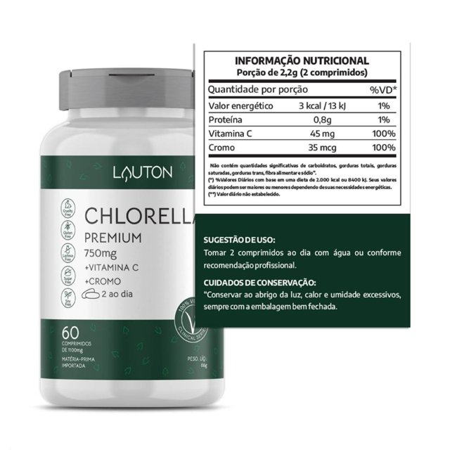 Chlorella Premium com Vitamina C e Cromo 60 comprimidos - Lauton Nurition