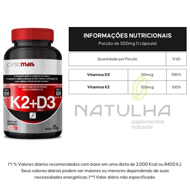 KIT 3x Vitamina k2 + Vitamina D3 30 cápsulas - Clinicmais