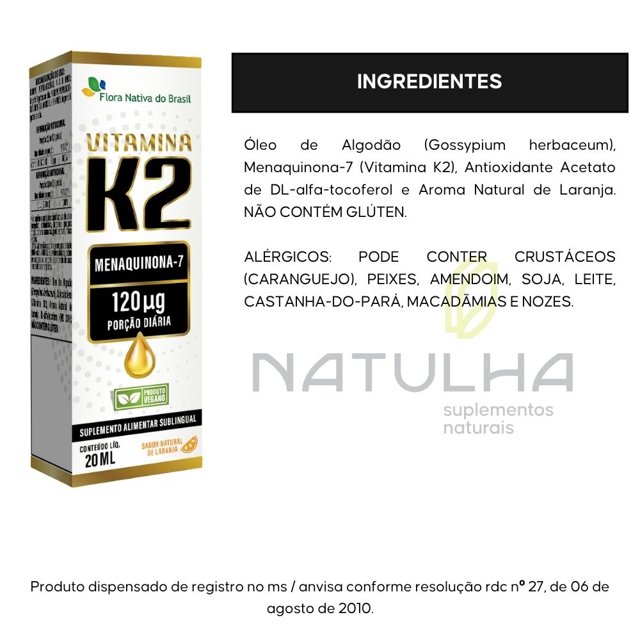 Vitamina K2 em gotas (Menaquinona-7) 120mcg 20ml - Flora Nativa