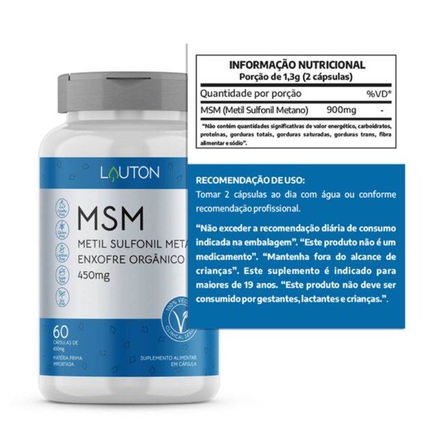MSM Enxofre Orgânico - Metil Sulfonil Metano 60 Cápsulas - Lauton Nutrition