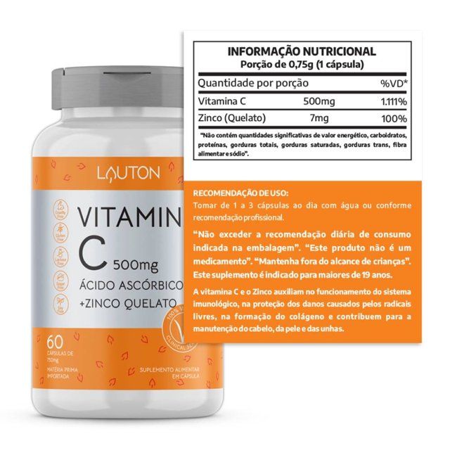 Vitamina C + Zinco 60 Cápsulas - Lauton Nutrition