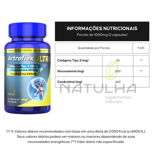 ArtroFlex ULTRA ( Glucosamina, Condroitina e Colágeno Tipo 2) 60 cápsulas - Natulha