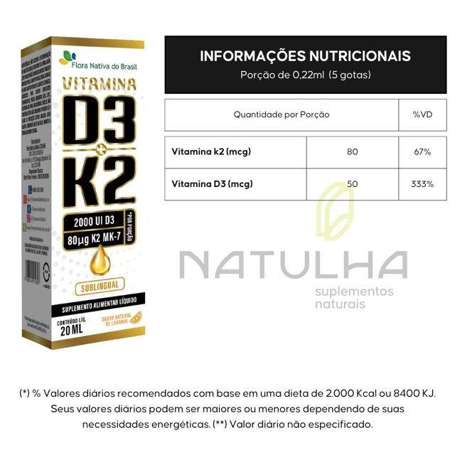KIT 2X Vitamina D3 + k2 Sublingual em Gotas 20ml - Flora nativa