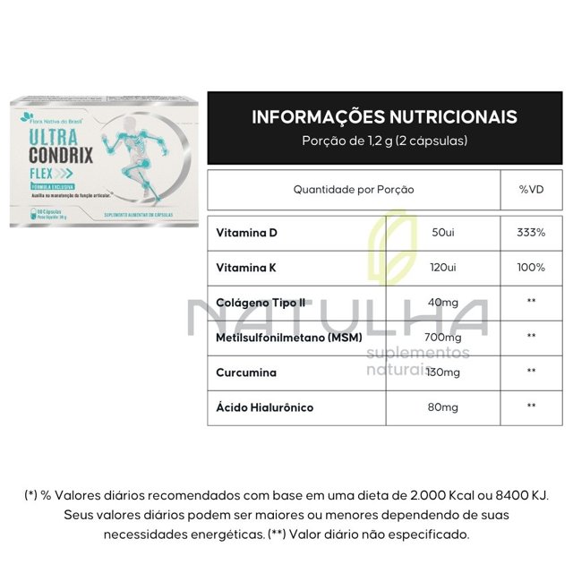 Ultra Condrix Flex (Colágeno tipo 2, Curcumina, MSM, Ácido Hialurônico e Vitaminas) 60 cápsulas - Flora Nativa