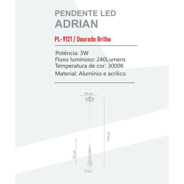 Lustre Pendente LED Adrian Dourado 3w Branco Quente ASTRALED | SinosLed ...